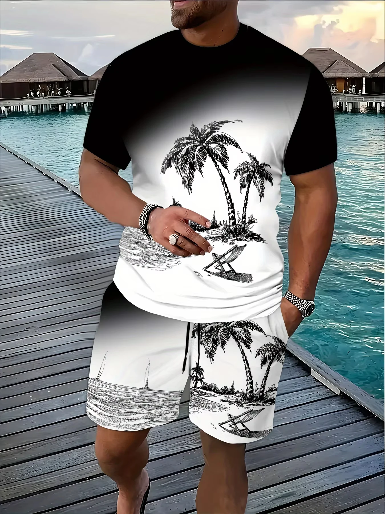 

Summer Men's Set 3D Gradient Coconut Tree Printed Breathable O-neck T-shirt And Shorts Set Outdoor Beach Vacation Two-Piece Set