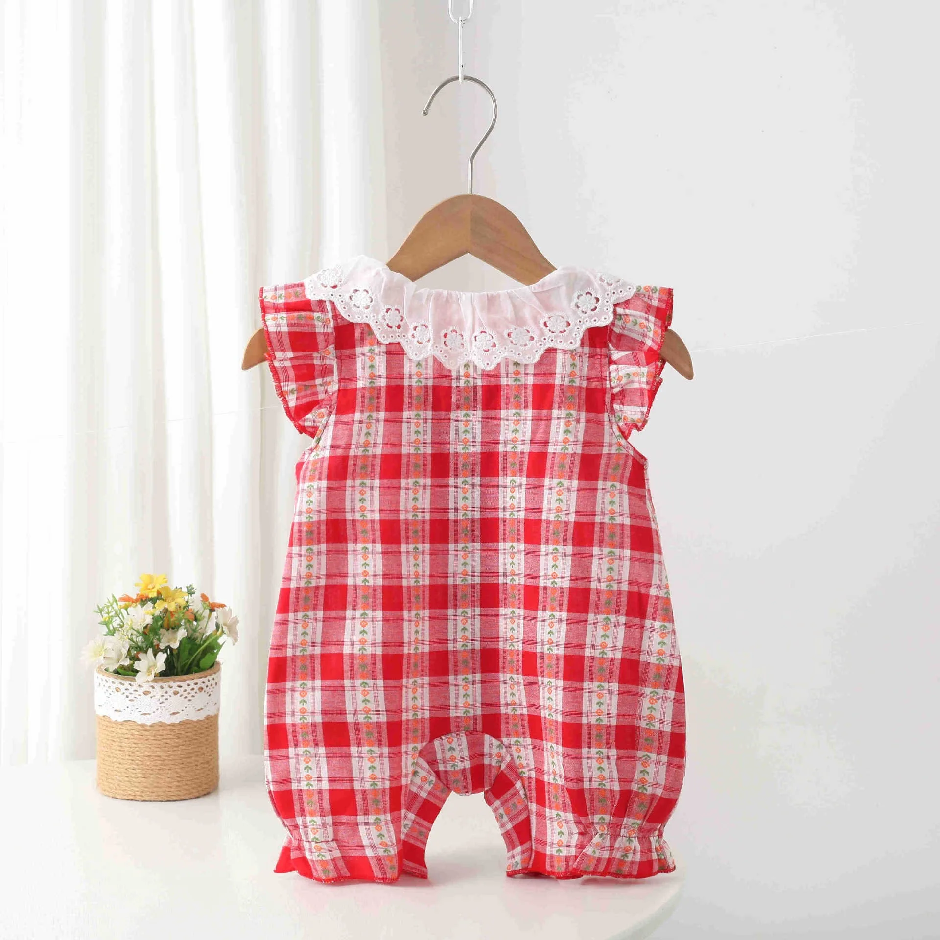 Summer Baby's New Cute Red Checkered Plaid Summer Hoodie Jumpsuit Fashion and Comfortable Kids Rompers
