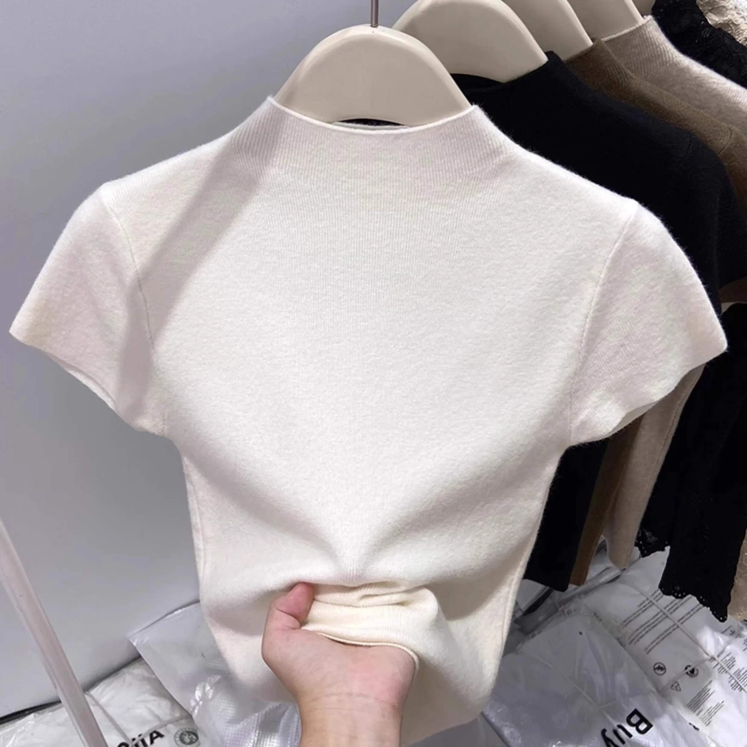 2026 Spring Summer New Women Turtleneck Flutter Sleeve Knit Short Sleeve T-shirt Slim Elegant Basic Layering Tops