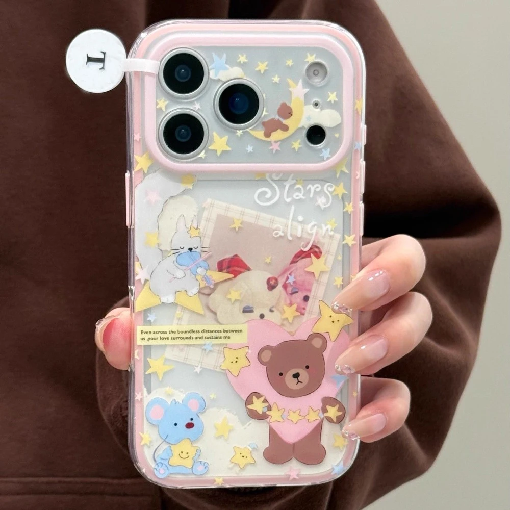 

2 IN 1 Pink Bumper Cute Bear Stars Printed Phone Case for iPhone 13 14 15 16 17 Pro Max Air Shockproof Anti-fall Clear Cover