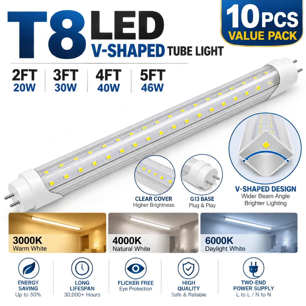 10Pack T8 LED Tube Light G13 LED Lamp 2FT 3FT 4FT 5FT Clear & Milky Cover 20W 30W 40W 46W LED Fluorescent Replacement