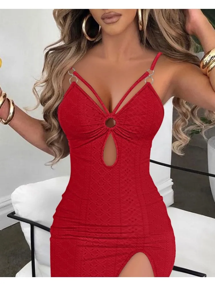 レディースドレス 2025 夏セクシーなアイレット刺繍ハイスリット V ネックスパゲッティストラップカジュアルボディコンデイリーマキシ休暇ドレス