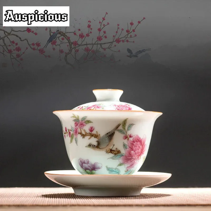 175ml Jingdezhen Porcelain Art Bird Gaiwan Ceramic Tea Maker Flower Tea Bowl With Saucer Lid Master Tea Tureen Drinkware Gift