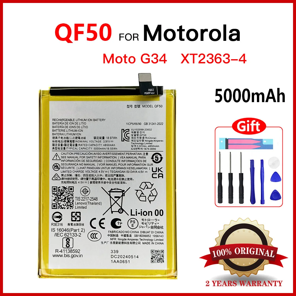 Genuine New High Quality 5000mAh QF50 Replacement Battery For Motorola G34 moto XT2363-4 QF 50 Batteria Batteries+Free Tools