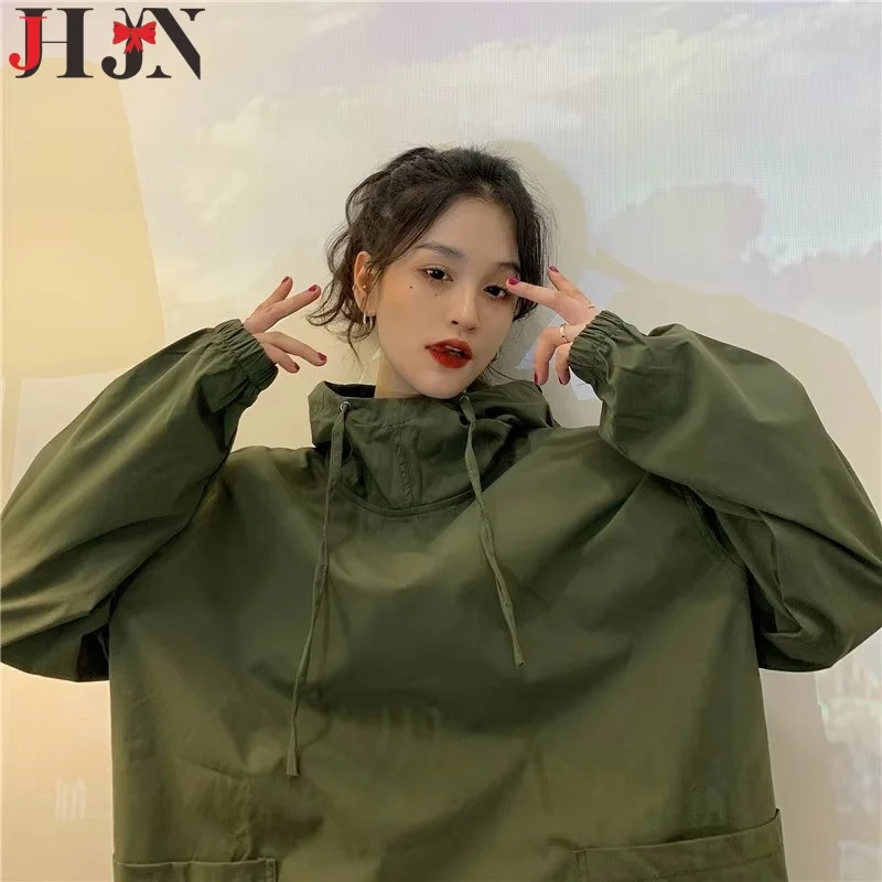 

JHJN новая осенняя женская рубашка с тонким капюшоном в стиле сафари, пальто на шнурке, корейские топы с длинными рукавами, однотонная толстовка для пар