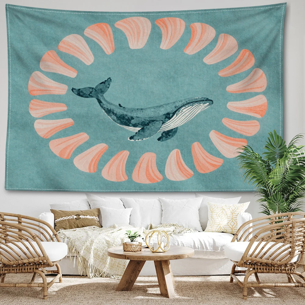 Teal Blue Whale Fan Shell Circle Wall Tapestry, Ocean Boho Decor