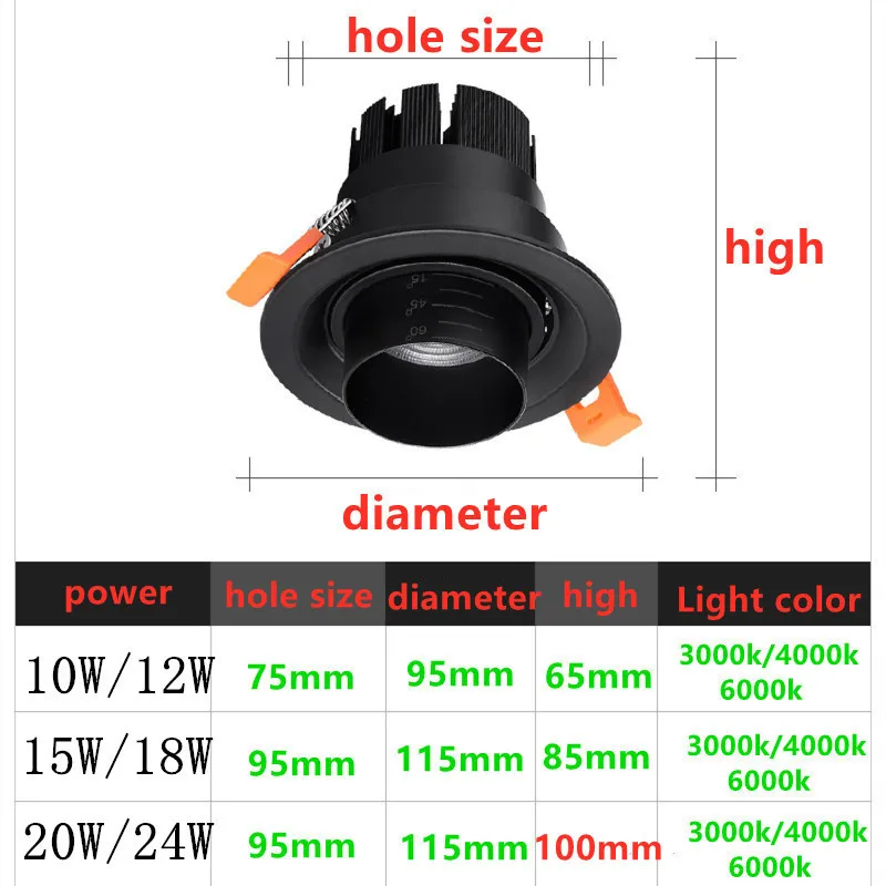 2024 New Style Zoom Beam Angle Adjustable 15-60 Degree Recessed Dimmable LED Downlight 10W12W15W18W20W24W COB Ceiling Spot Light