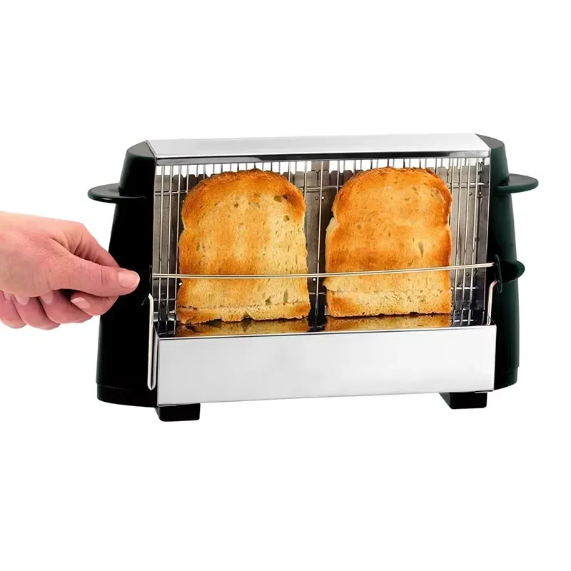 Black Vintage 4-Slice Stainless Steel Toaster Open Design Raised Button Simultaneous Toasting for All Types Bread Compact