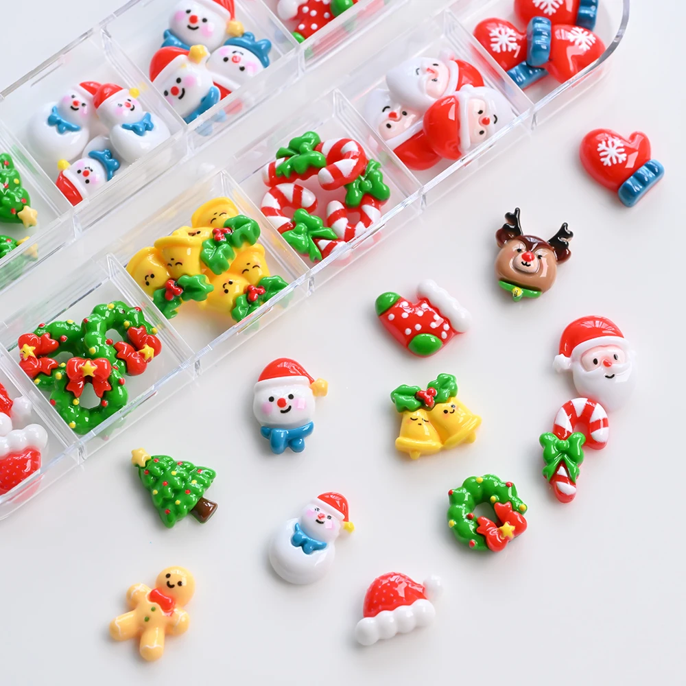 36 unids/caja de dibujos animados de la serie navideña, dijes para uñas, árbol de Navidad 3D, sombrero de muñeco de nieve, campana, decoraciones para uñas de Reno, accesorios festivos