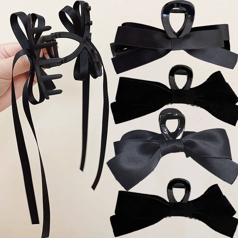 Fashion Black White Fabric Long Ribbon Bow Pearl Claw Clip Back Head Hair Clip Shark Clip Women New Frosted Hair Accessories