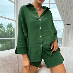 Women's Sleepwear Home Clothes Summer Casual 2 Piece Outfits Cotton Linen Sets Button Down Shirt Shorts Pajama Loungewear Pj Set