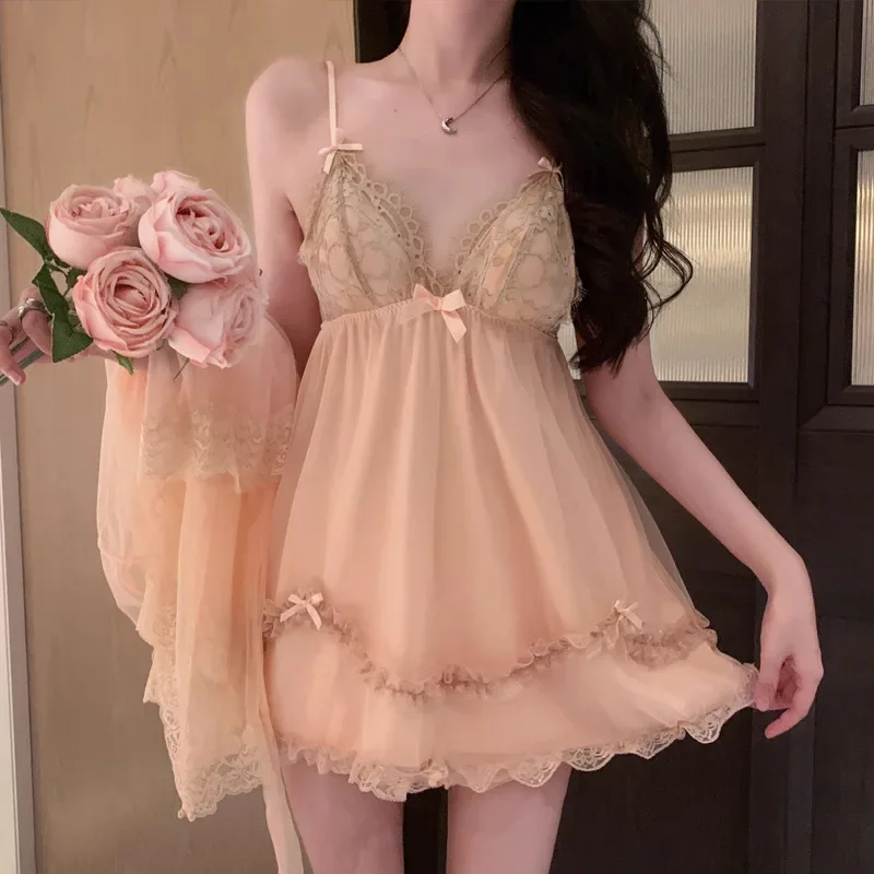 Princess Style Robe Set Fairy Mesh Lace Trim Spaghetti Strap Nightdress Suit Lady Summer New Lingerie Suit Pajamas Bathrobe Gown