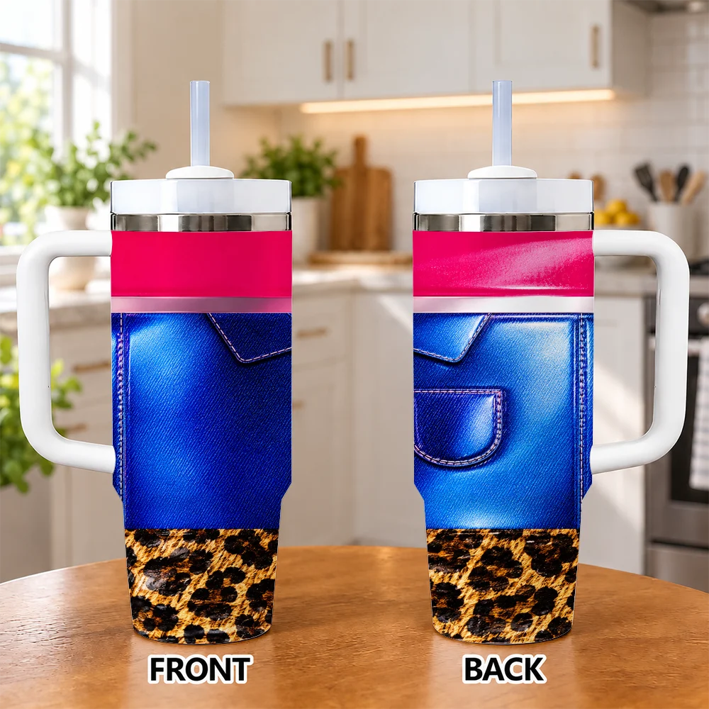 Denim Heart Leopard 40oz Tumbler with Handle Straw Cute Insulated Travel Cup Gift for Women Teen Girls Vacuum Flasks