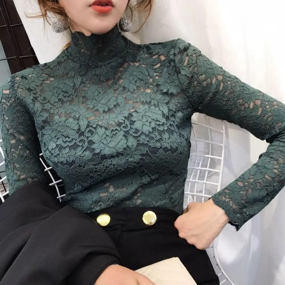 Half High Collar Lace Women Blouse Long Sleeves See-Through Sexy Lace Blouse Women Elegant  Crochet Hollow Floral Blouse Shirt