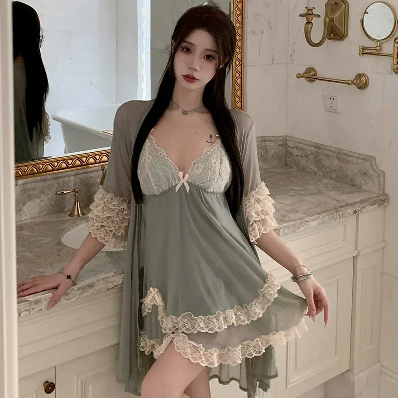 2PCS Sexy Lace Lingerie Mini Dress Nightgowns Robes Sets For Women Summer Korean Modal Bathrobe Sleepwear Nightdress Night Dress