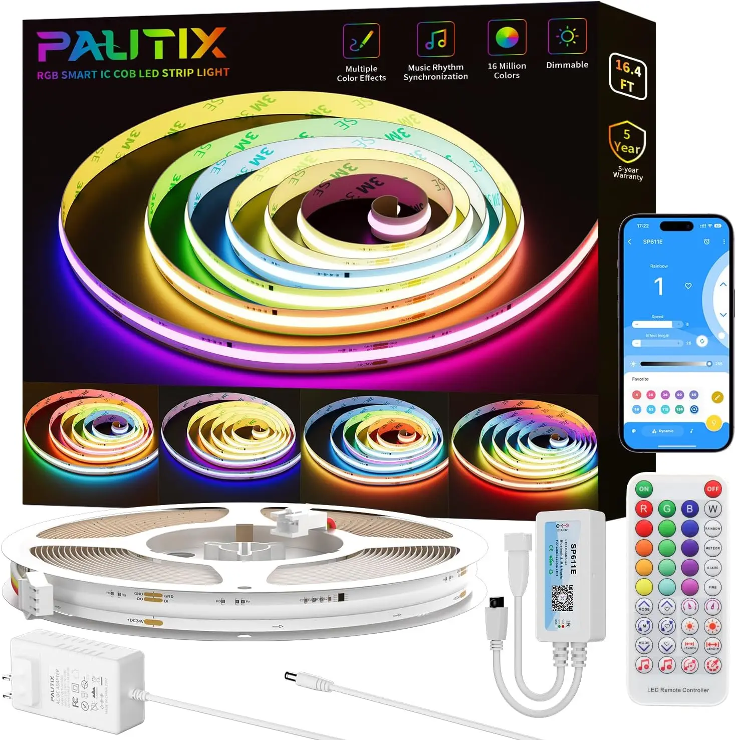 

Addressable RGB COB LED Strip Light 16.4ft, 24V Flexible Color Changing Tape with Flowing Effects, UL-Listed, for Bedroom