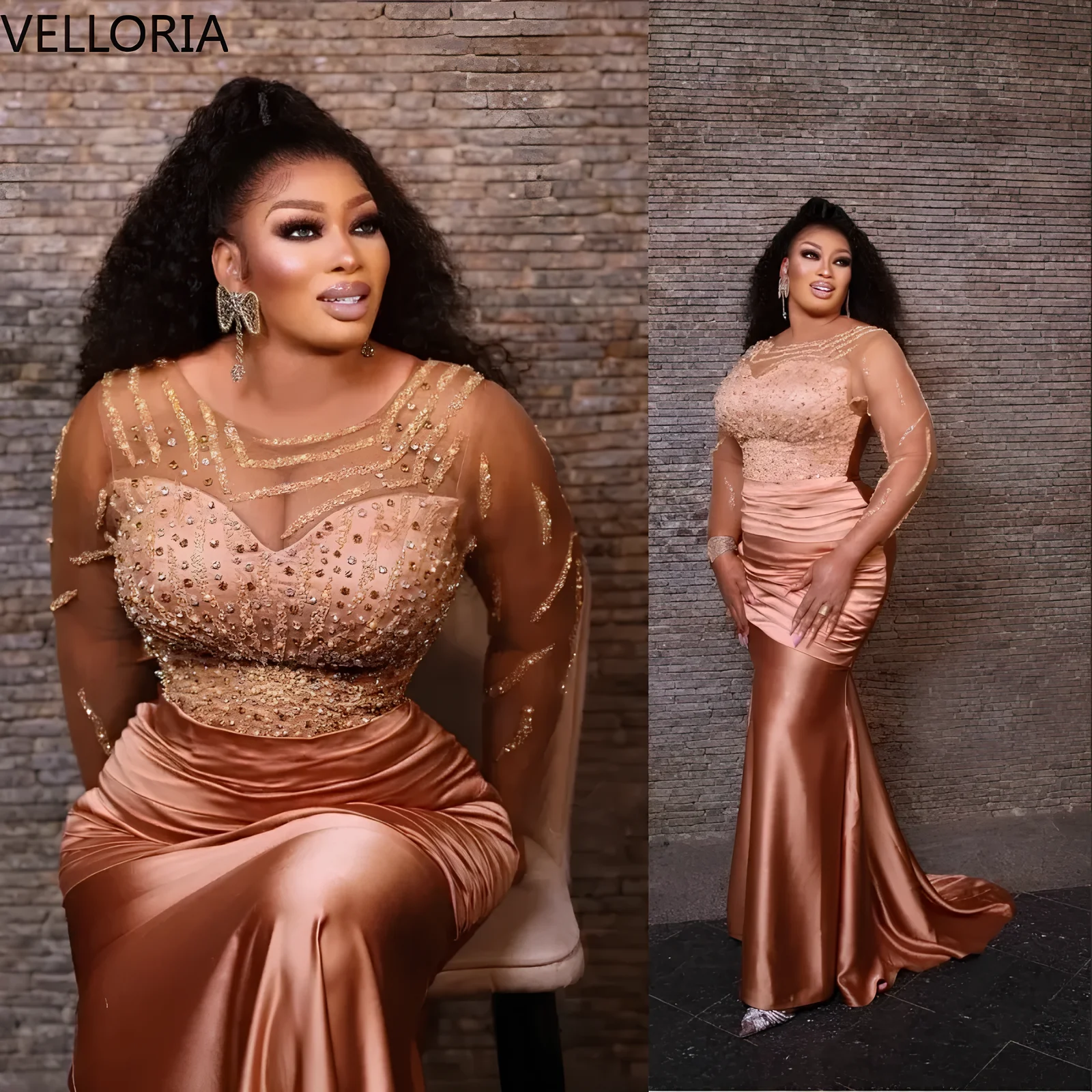 

Элегантное вечернее платье-русалка больших размеров цвета розового золота с длинными рукавами и бисером, для африканских женщин, нарядное, на заказ