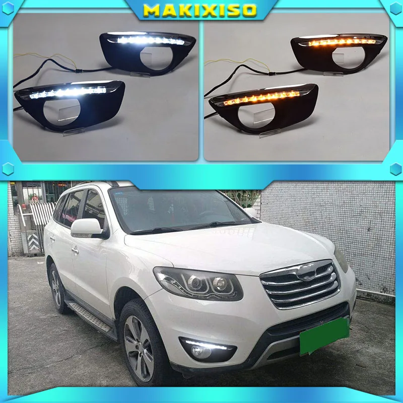 

For Hyundai Santa Fe SantaFe 2010 2011 2012 Daytime Running Light DRL LED Fog Lamp Cover With Yellow Turning Signal Functions