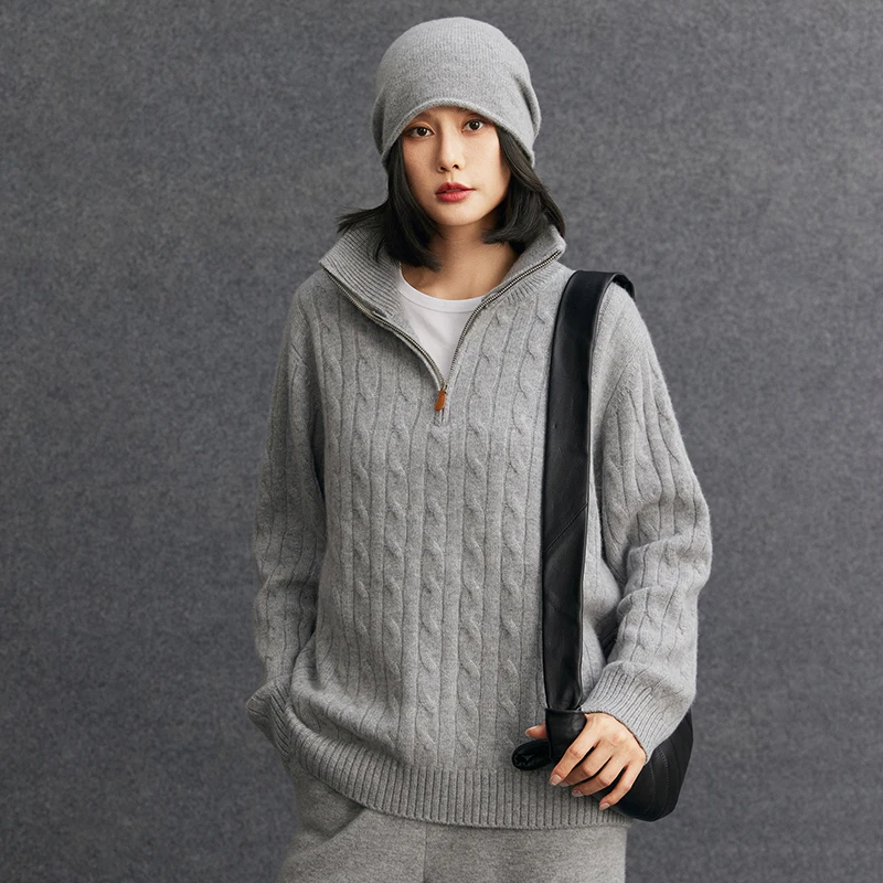 Women Turn-down Collar Pullover 100% Goat Cashmere Sweater Autumn Winter Thick Half Zip Twist Cashmere Knitwear Casual Loose Top