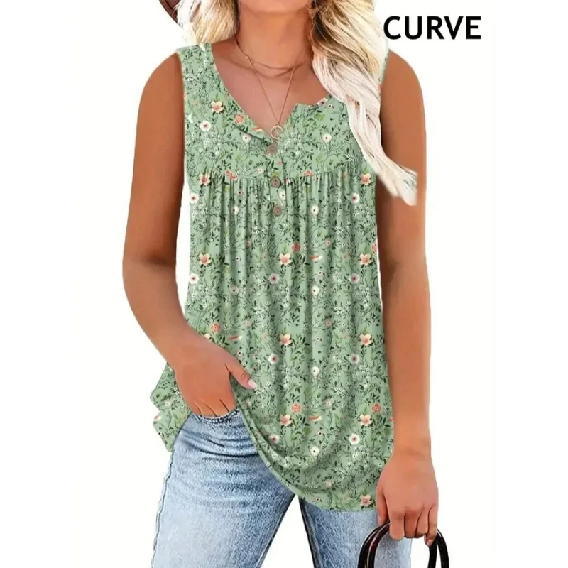 Plus Size 1XL-5XL Women's Casual Full Body Printed Commuting Versatile Button Up Sleeveless Vest