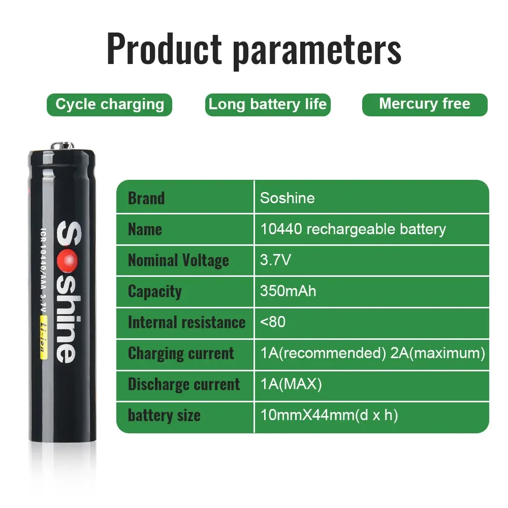 Soshine 100pc 3.7V 350mAh 10440 Lithium Batteries AAA 10440 Li-ion Rechargeable Battery 350mAh Batteries for Recorder Wholesale
