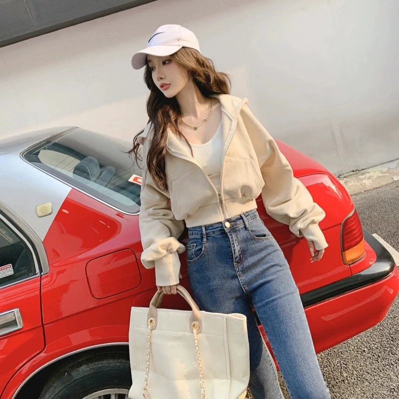 Alta qualidade branco com capuz jaqueta feminina moda streetwear recortado moletom feminino harajuku zíper manga gota hoodies casaco