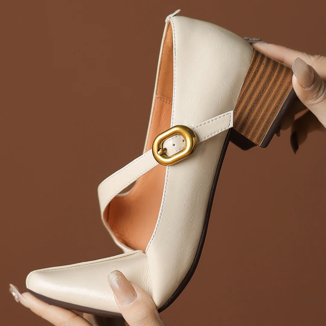 2025 Spring new women\'s genuine leather narrow band cross strap slip-on pumps elegant ladies square toe OL style heeled shoes