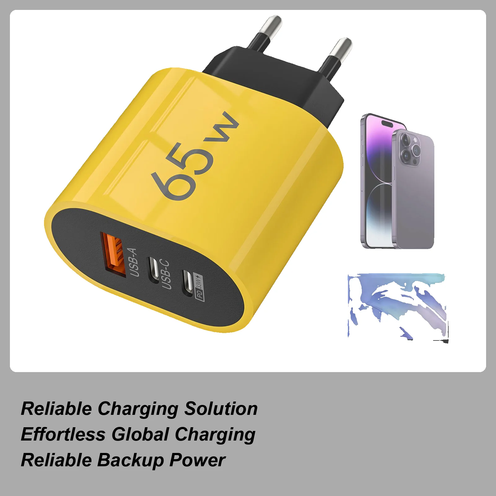 

Зарядное устройство 65 Вт, 3 порта, с безопасной защитой от перезаряда, адаптер USB-A, блок питания для путешествий, использования в помещении, на улице, дома, в спальне