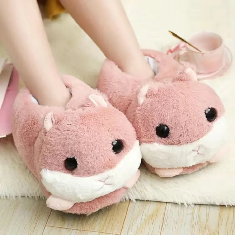 Melancholic hamster Slippers Women girls Winter Slip On Fluffy Shoes 2023 New Cartoon Animals Piggy Panda Unicorn Fur Slides