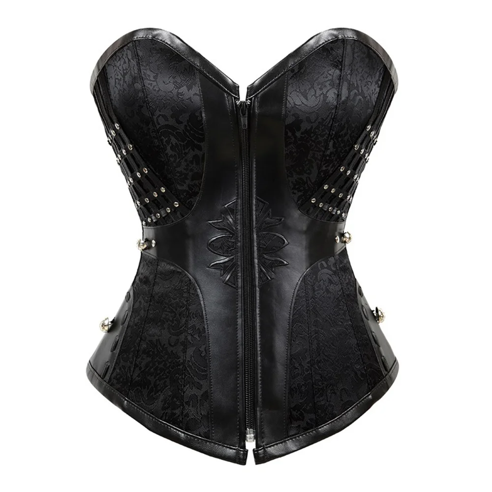 Women Steampunk Overbust Corsets Top Sexy Vintage Black Rivet Zip Flower Bustier Lingerie Gothic Body Shaper Corset