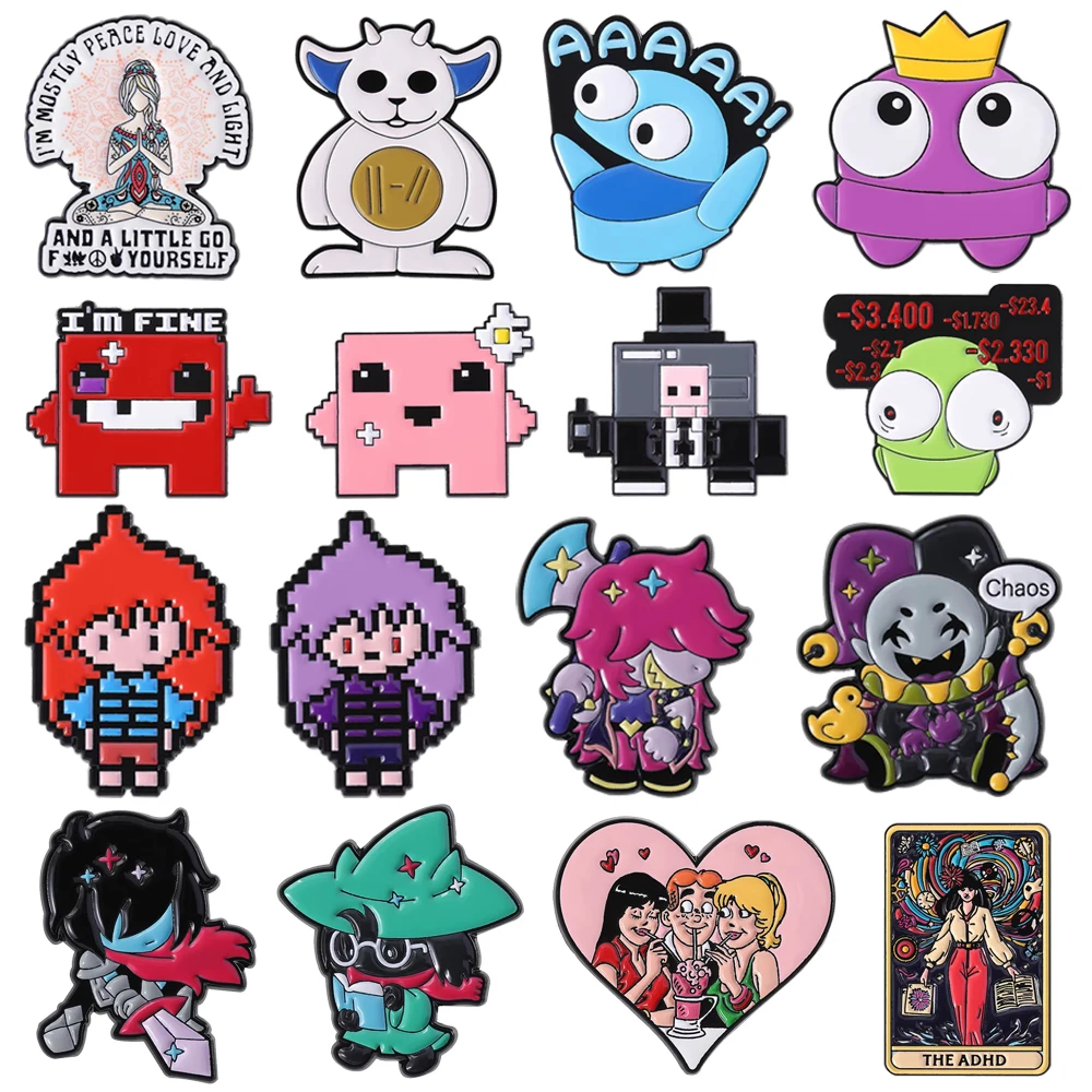 

Cartoon Game Character Enamel Pins Cute Witch Tarot Striving Strawberries Pixel Figurine Holding Axe Sword Lapel Pins Jewelry