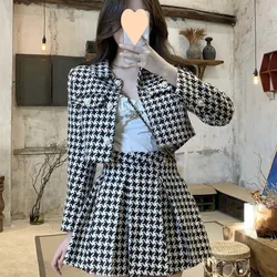 Fashion Vintage Houndstooth Long Sleeve Coat Women+ High Waist Ruched A-line Skirts 2024 Early Autumn New Two Piece Sets