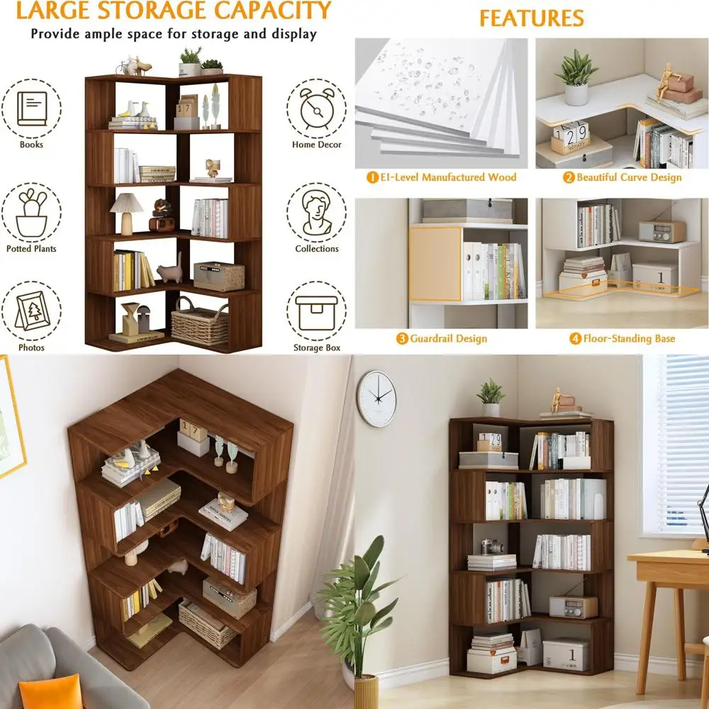 

66 Walnut 6-ярусный L-образный деревянный книжный шкаф с открытыми полками