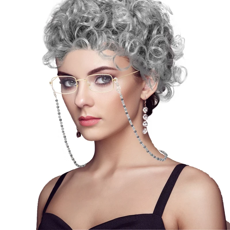Synthetic Old Lady Wig Costume Set Funny Grandma Wig and Glasses Retainer Chain Silver White Granny Wig Cosplay Halloween Party image 3