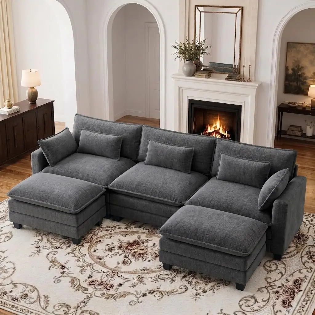 U Shaped Modular Sectional Sofa, Cloud Style Gray Fabric, Living Room, 110.6