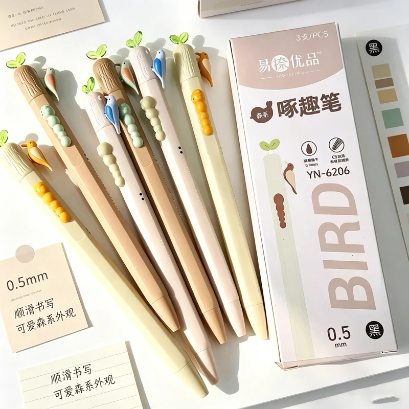 3/6Pcs Creative Bird Shaped Gel Pen Set, 0.5mm Tip Fast Drying Black Ink, Smooth Writing for School Office Exam Stationery
