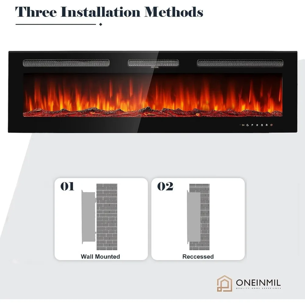 Electric Fireplace, 60 inch Wide Recessed and Wall Mounted Electric Fireplace, 750W/1500W, 12 Color Flame, Remote Control