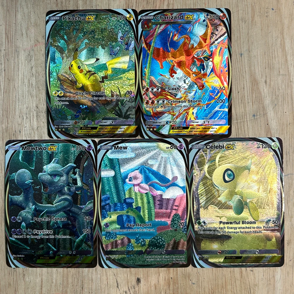 5 Pz/set Anime PTCG Tasca Collezione di Carta Charizard Mewtwo Mew Celebi Rilievo Texture Rifrazione Colore Flash Card Regali Per Bambini