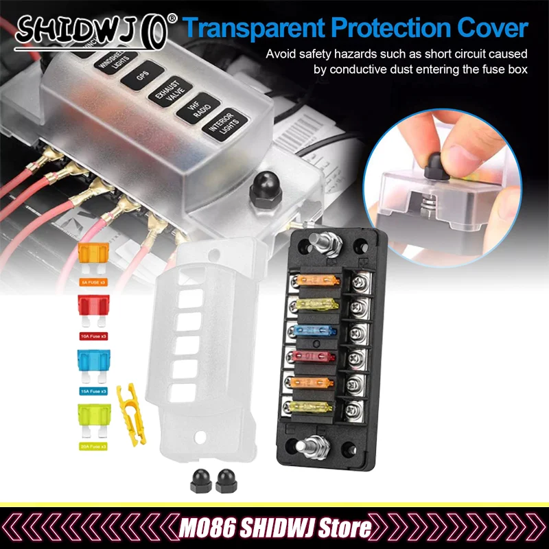 

6-Way Car Fuse Holder With Negative Busbar 12V Blade Type Fuse Holder ATC/ATO Standard Fuse Box Label Sticker Waterproof Cover