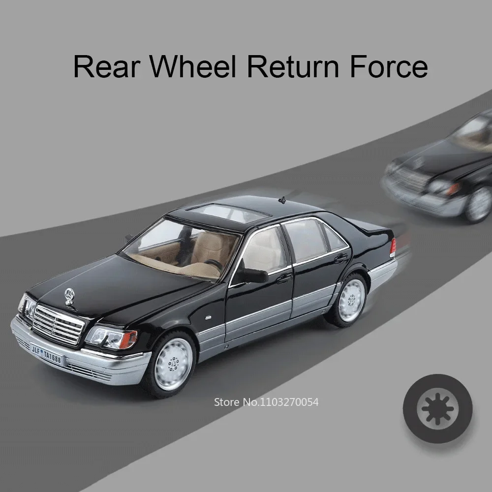 1:24 W140 S400L 合金製ダイキャストカー、6ドア開閉、前輪操舵、サウンドライト、プルバック機能付き、友人の誕生日プレゼント