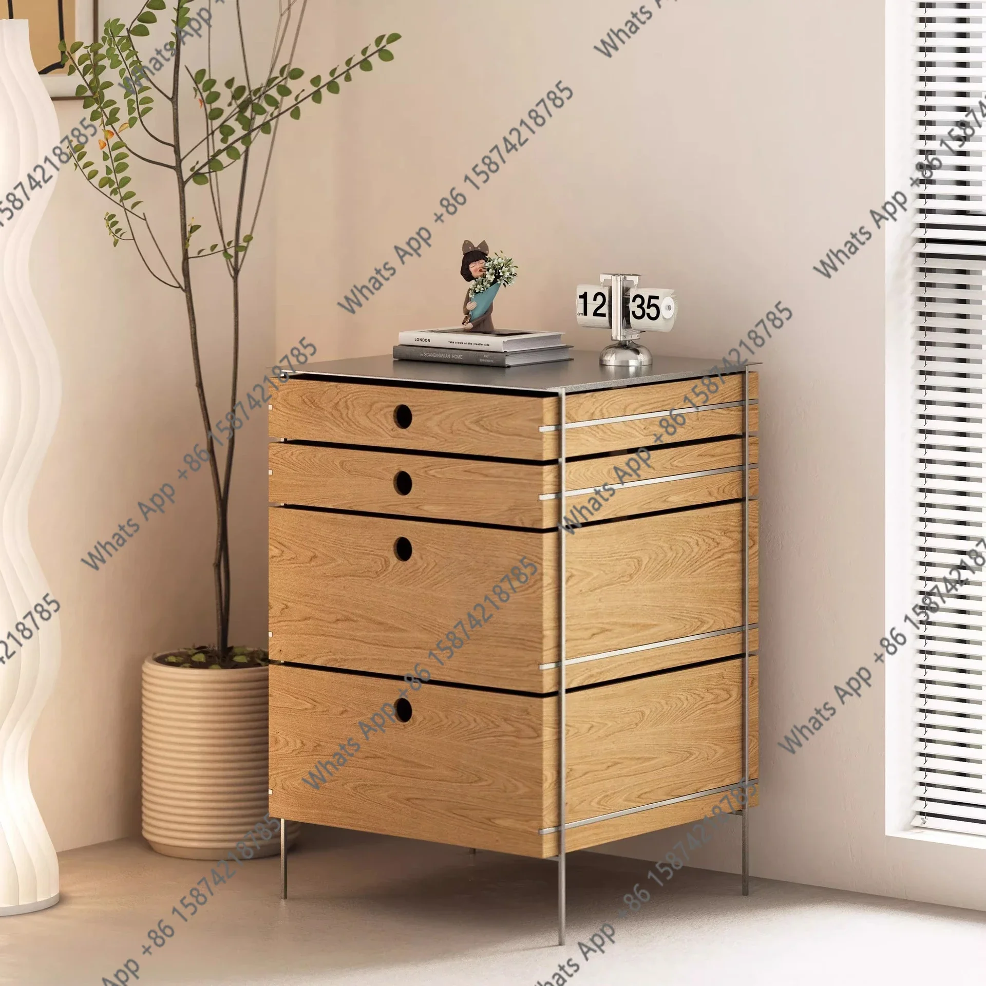 J C Stainless Steel Solid Wood Chest Cabinet Small Apartment Multi-layer Storage Cabinet Designer Locker Living Room Locker Porc