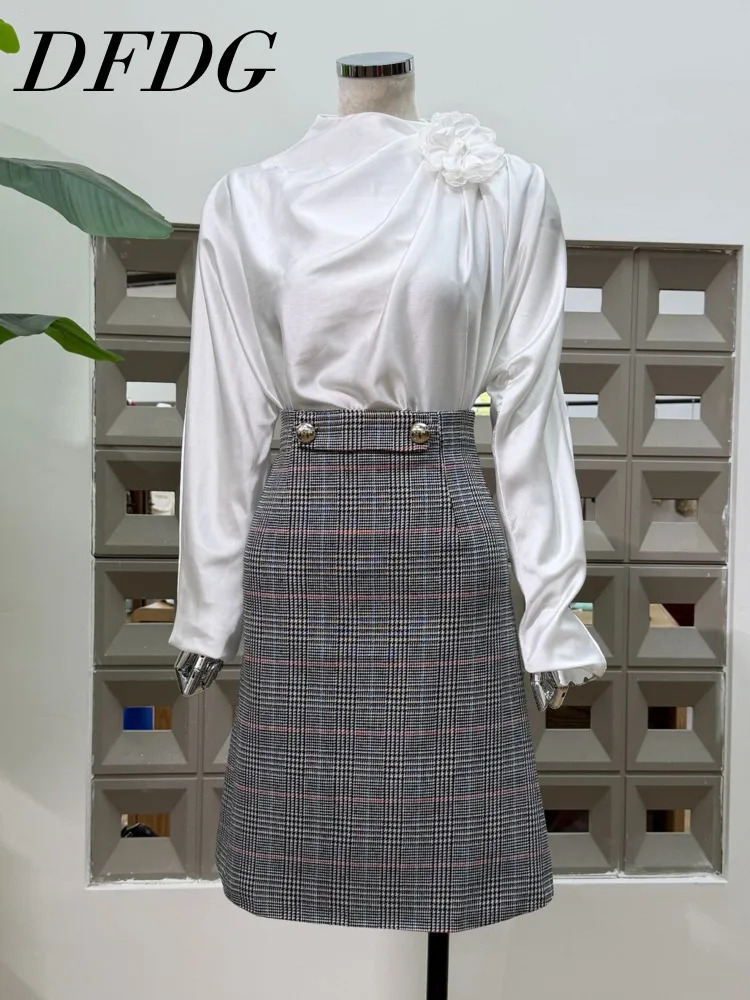 

DFDG 2025 Spring Summer Women's Elegant Designer Set 3D Flower Pullover Checkered High-Waist Pencil Skirt Retro Outfit Set