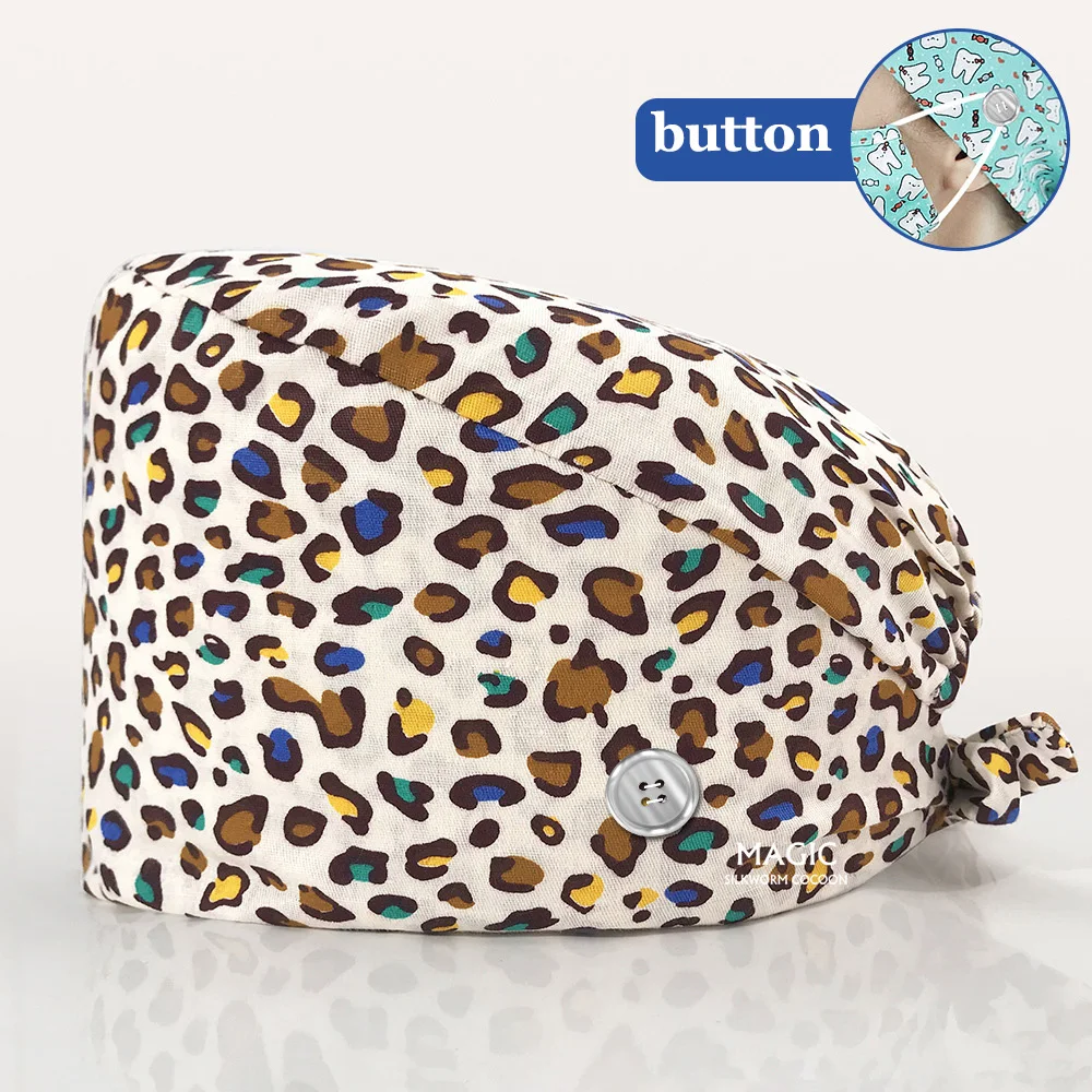 

Cotton Leopard Unisex Dentist Hat Surgical Caps Pharmacy Baotou Scrub Cap Medical Print Pet Clinic Nurse Salon Hat with Buttons