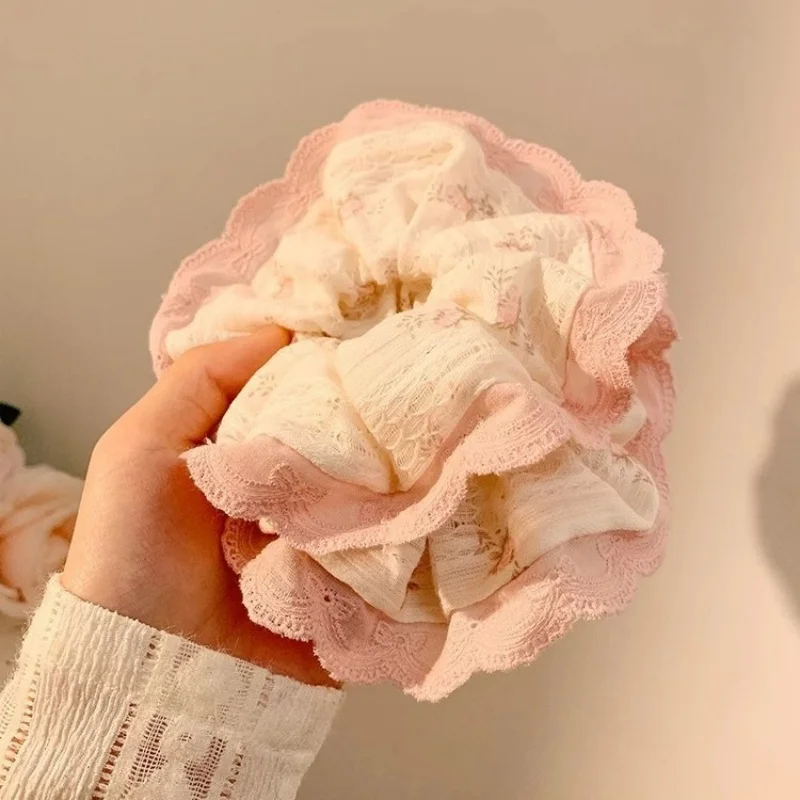 

Sweet Lace Floral Large Intestine Hair Ring For Women Pink Lace Design With High Appearance And Versatile Buns And Rope
