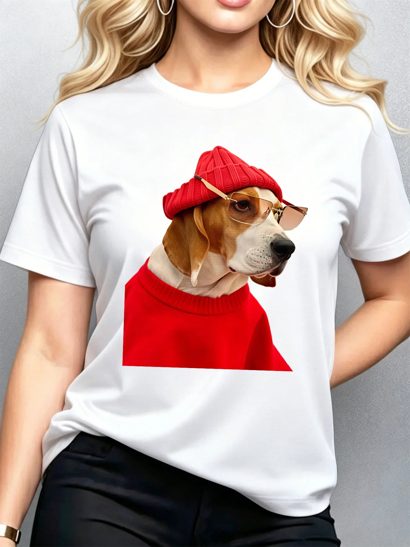 Stylish Beagle Red Knit Hat Womens Crew Neck Short Sleeve T Shirt Cool Sunglasses Dog Lover Graphic Tees For Ladies Daily Wear