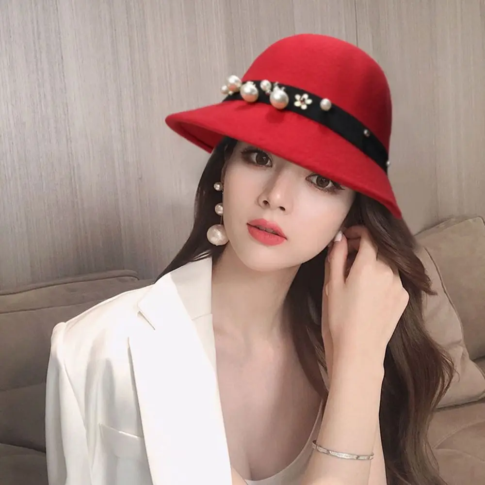 Color Wedding For Girls Wool Felt For Ladies Ceremony Gift Korean Style Fisherman Hat Panama Hat Pearl Fedora Hat Bucket Cap