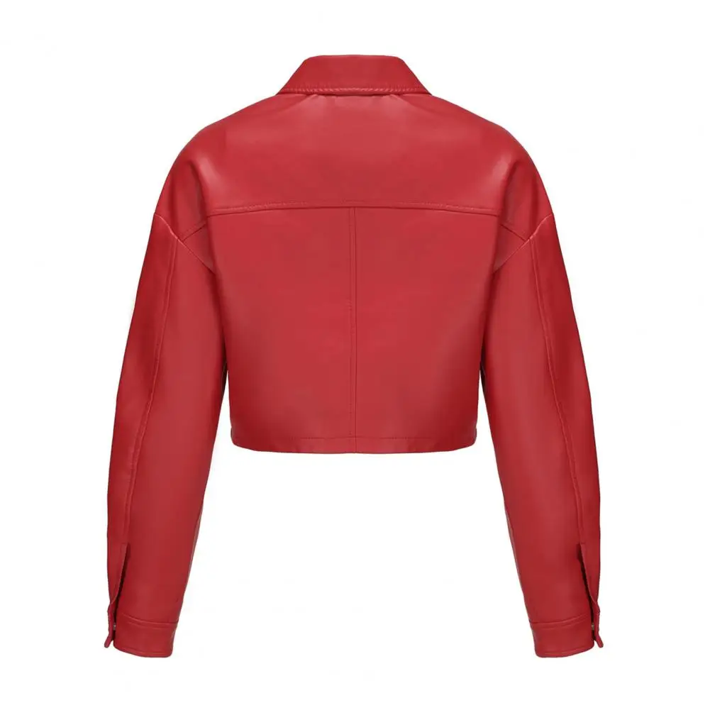 Spring Casual Jacket Stylish Women's Windproof Faux Leather Motorcycle Jacket with Slim Fit Chest Pocket Long Sleeves for A