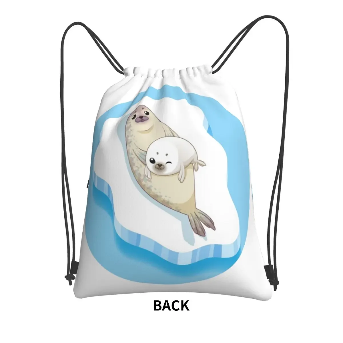 Cute Seals Family Cartoon Character Design Backpacks Drawstring Bag Drawstring Bundle Pocket Shoes Bags For Travel Man Woman