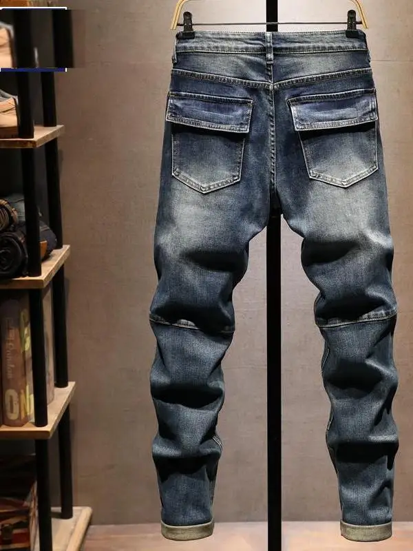 Hong Kong Trendy Brand High End Vintage Faded Men's Skinny Jeans Multiple Pockets Motorcycle Long Pants Wear Resistant Casual