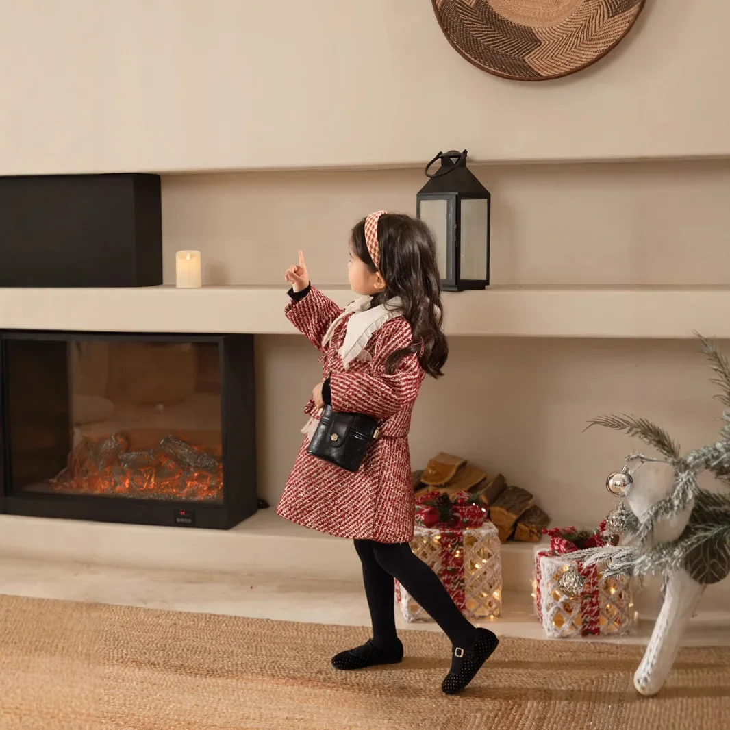 

Baby Girls Sets Fashion graceful style Coats Turn-down Collar Tank Dress 2024 Winter New Korean Style Childrens Two Piece Sets